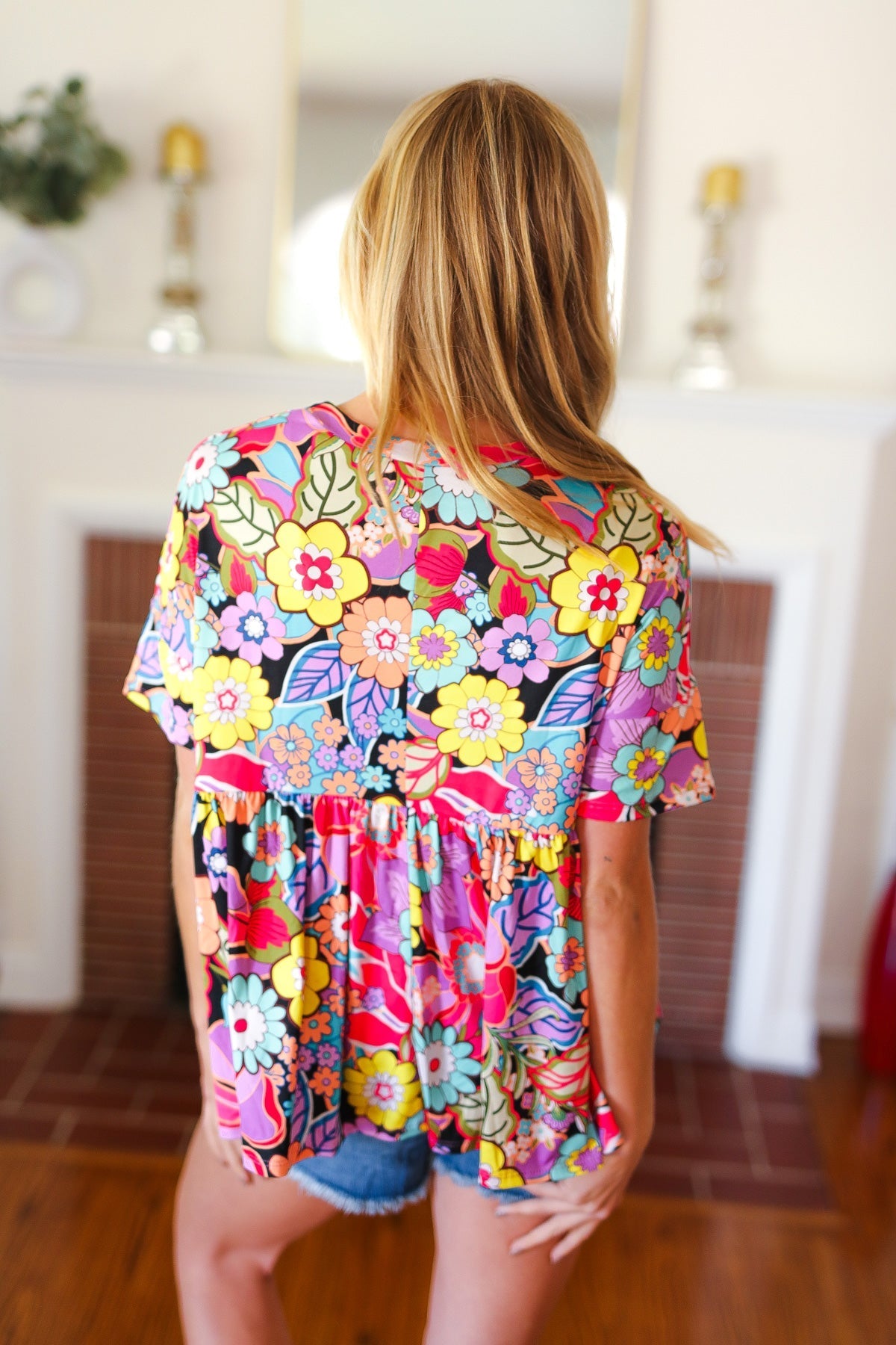 Yellow & Black Retro Floral Babydoll Top