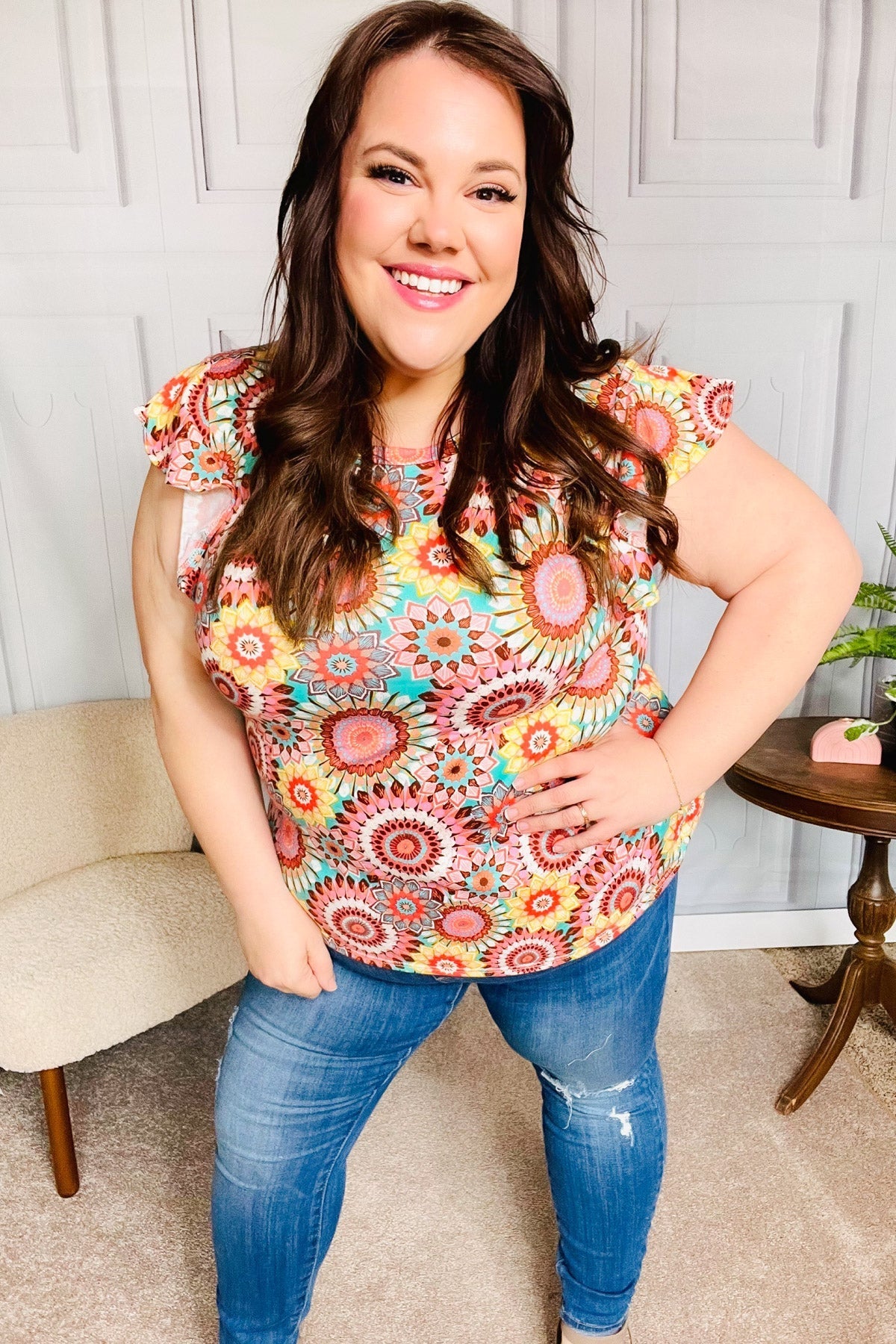 You Got This Mint Medallion Crochet Print Ruffle Sleeve Top