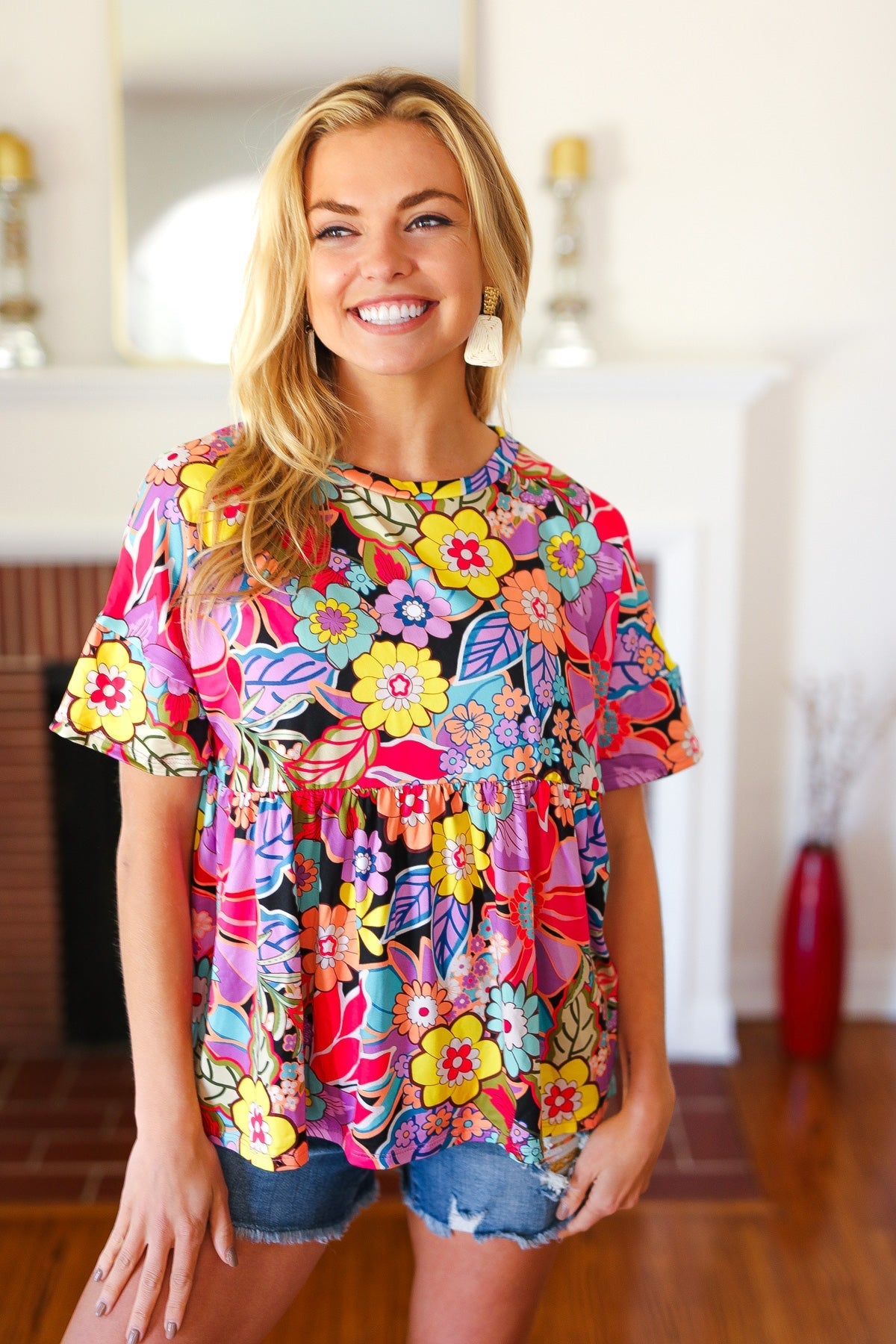 Yellow & Black Retro Floral Babydoll Top