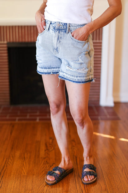 Light Wash High Rise Raw Hem Distressed Denim Shorts