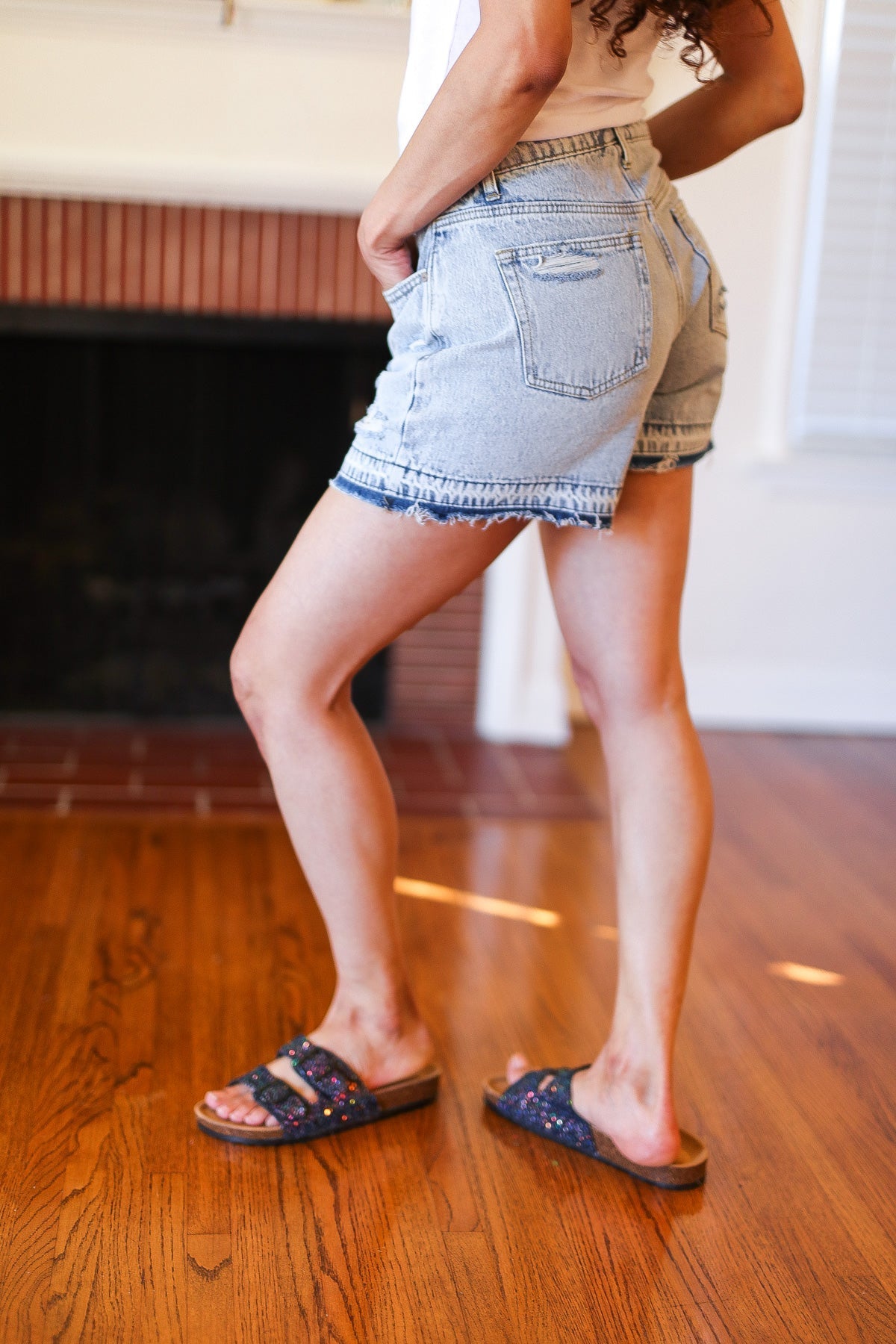 Light Wash High Rise Raw Hem Distressed Denim Shorts