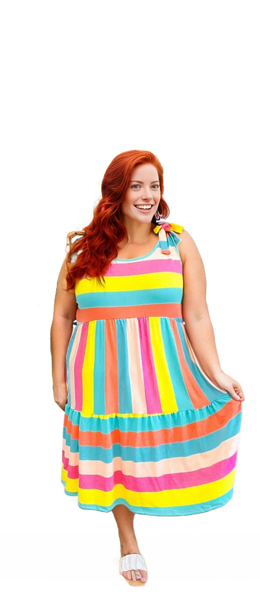 Start The Day Rainbow Stripe Shoulder Tie Tiered Dress
